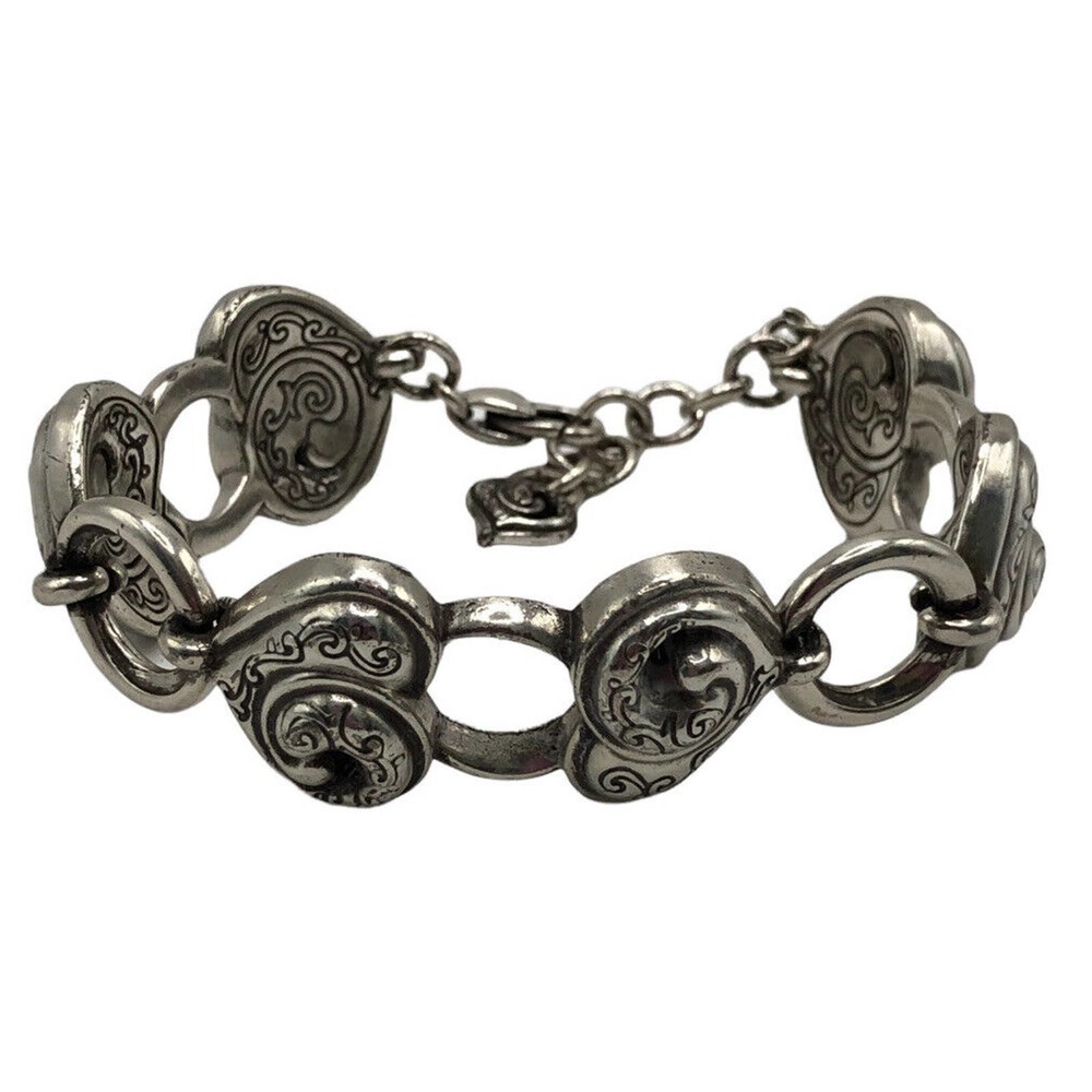 BRIGHTON Penelope Heart Bracelet Retired Design 7-8.5" Silver Plate Scroll Shell